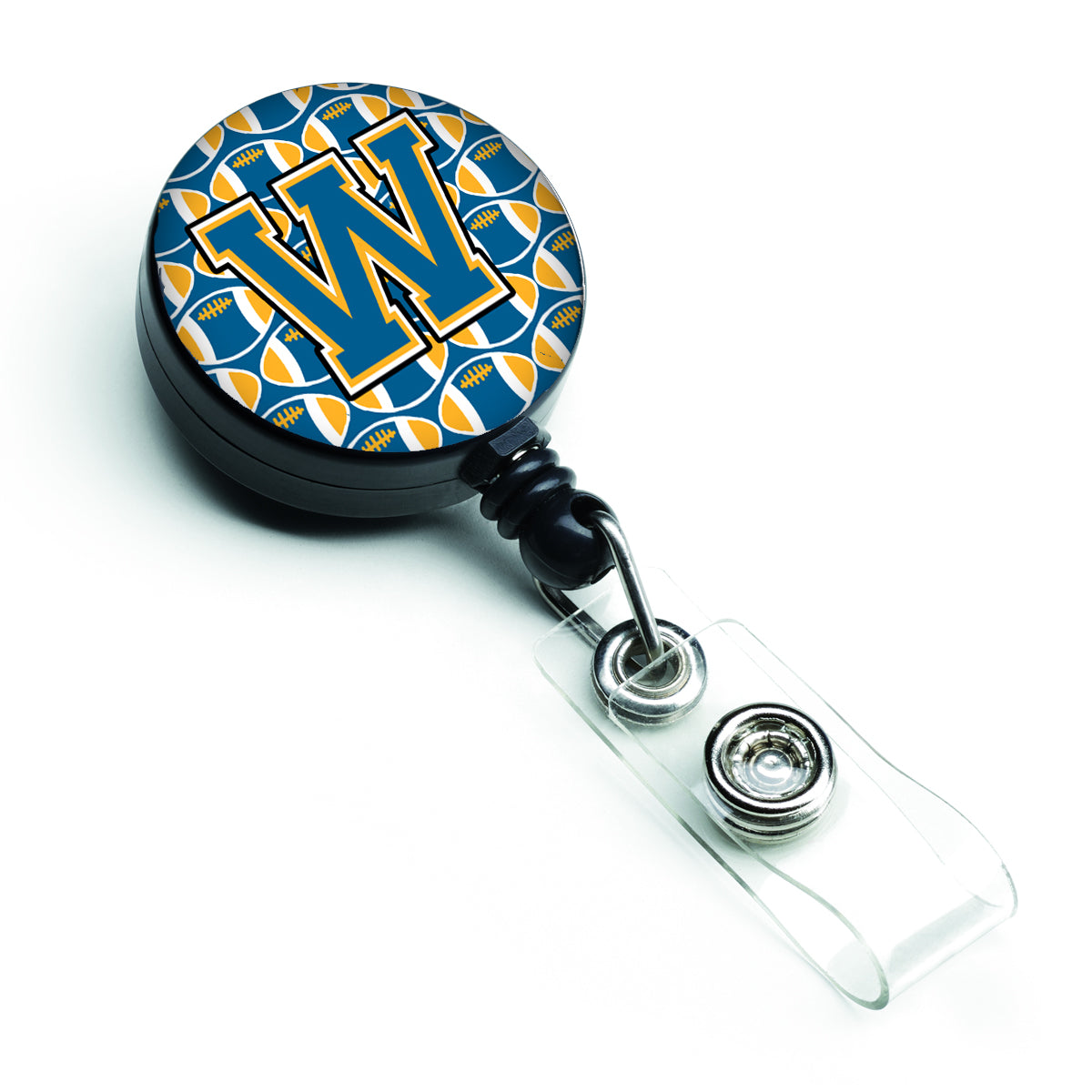 Letter W Football Blue and Gold Retractable Badge Reel CJ1077-WBR.