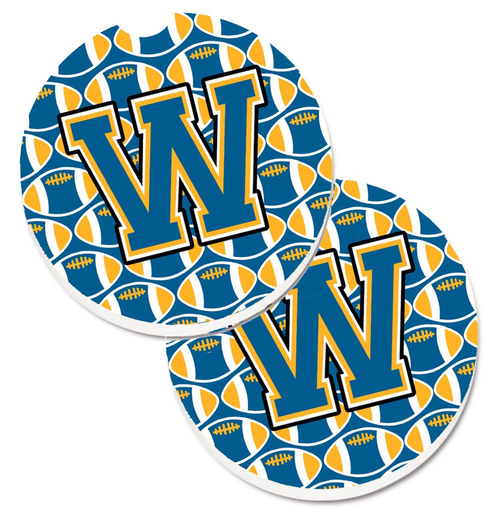 Letter W Football Blue and Gold Set of 2 Cup Holder Car Coasters CJ1077-WCARC by Caroline&#39;s Treasures