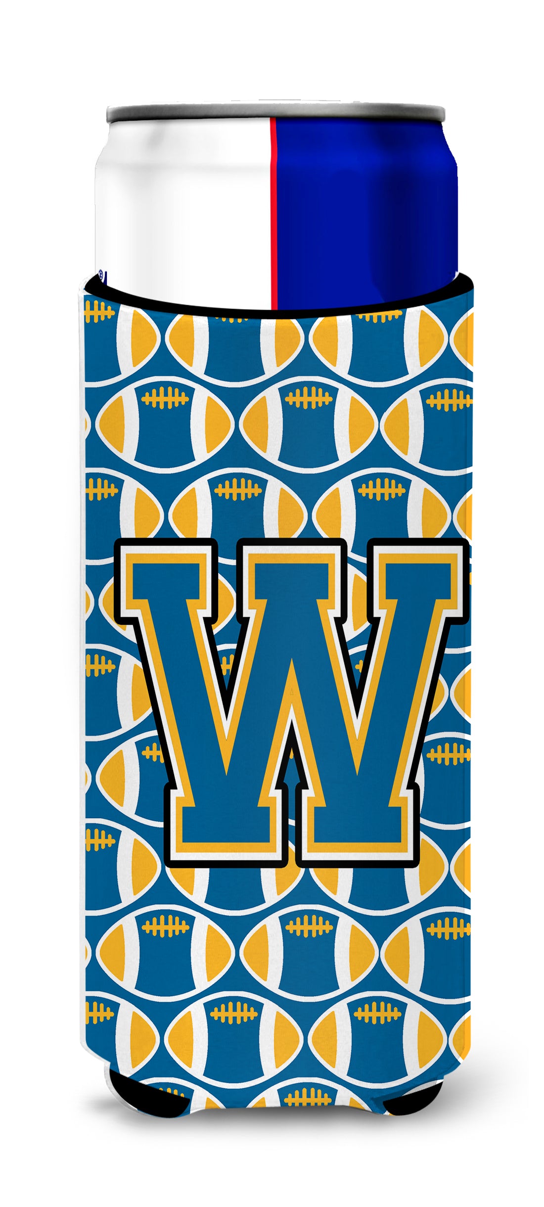Letter W Football Blue and Gold Ultra Beverage Insulators for slim cans CJ1077-WMUK