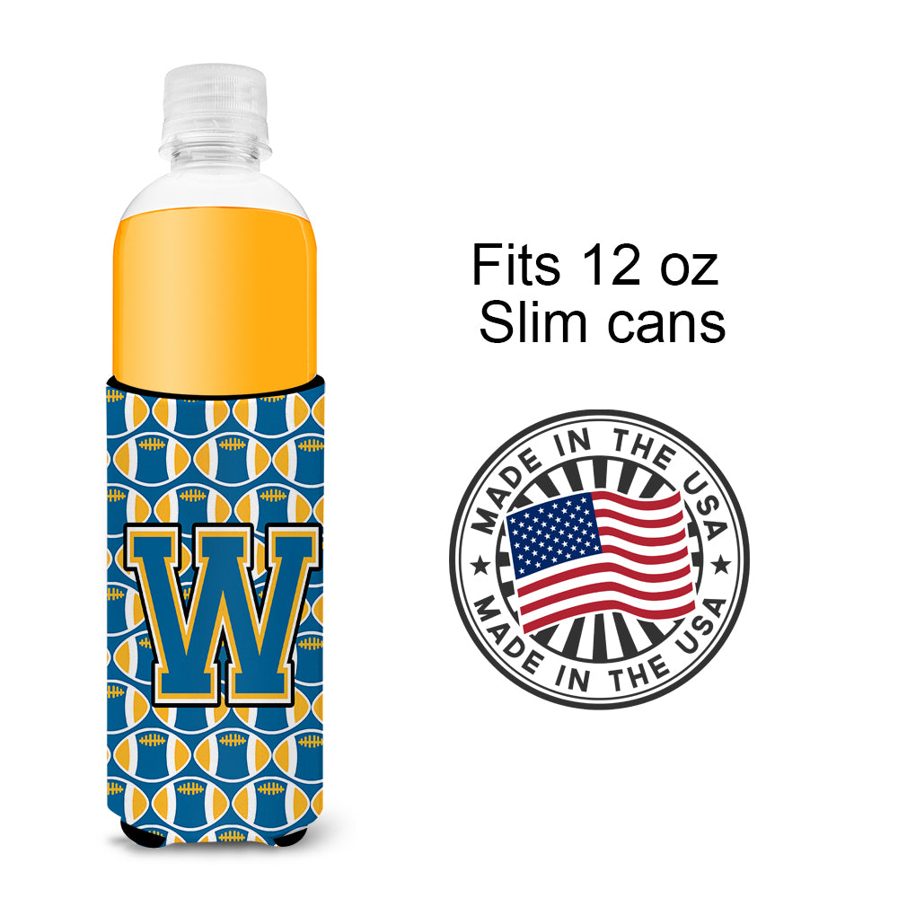 Letter W Football Blue and Gold Ultra Beverage Insulators for slim cans CJ1077-WMUK.