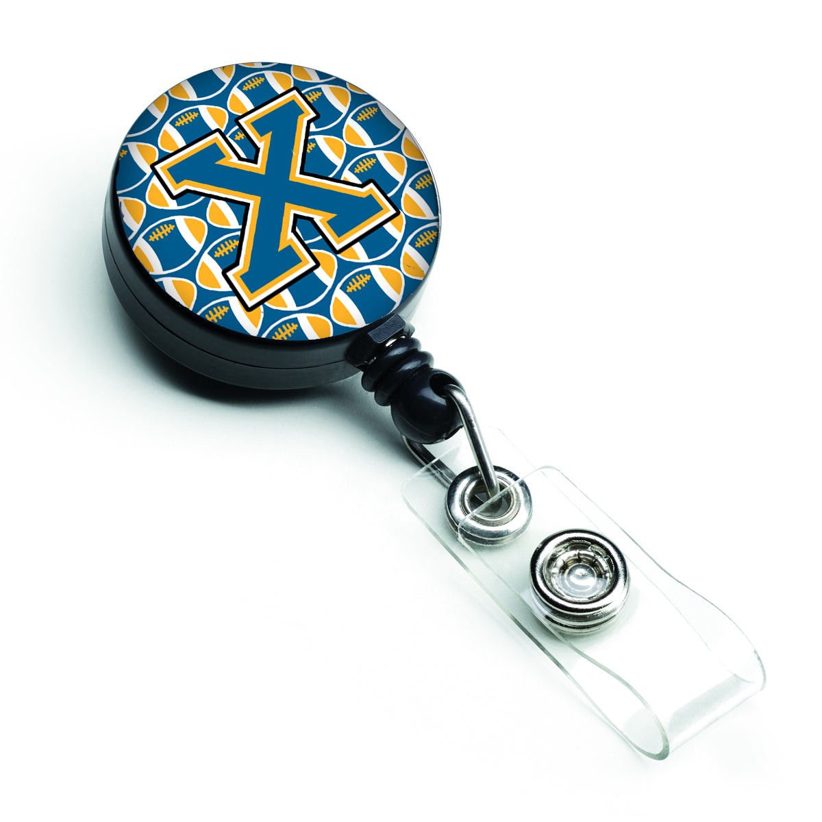 Letter X Football Blue and Gold Retractable Badge Reel CJ1077-XBR.