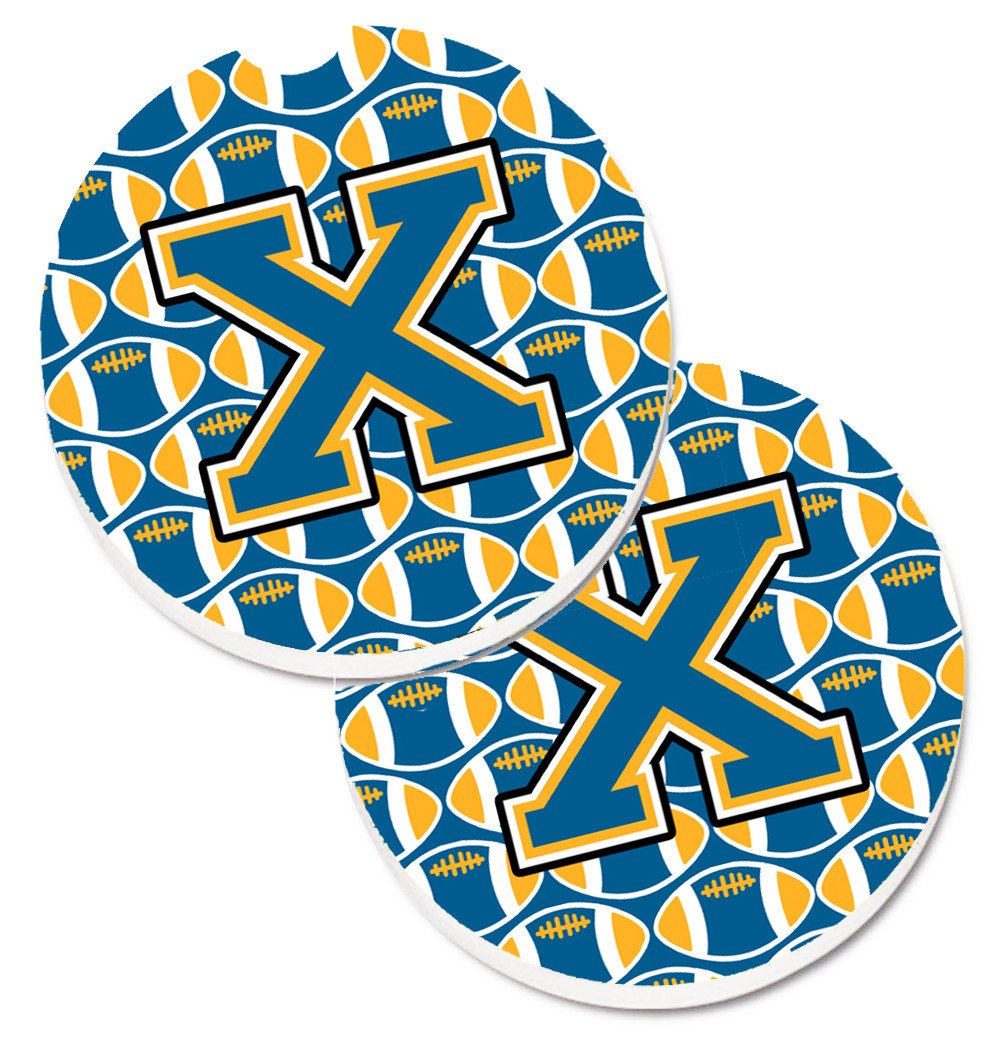 Letter X Football Blue and Gold Set of 2 Cup Holder Car Coasters CJ1077-XCARC by Caroline&#39;s Treasures