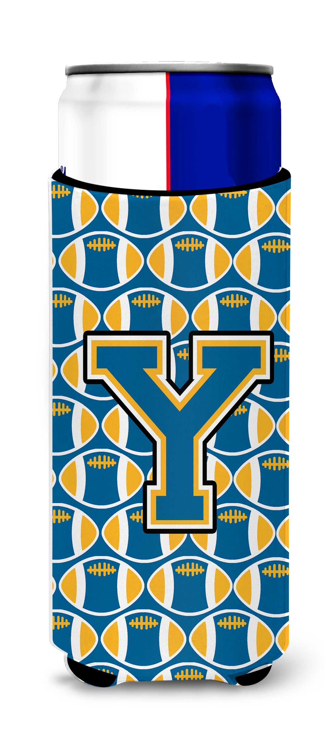 Letter Y Football Blue and Gold Ultra Beverage Insulators for slim cans CJ1077-YMUK.