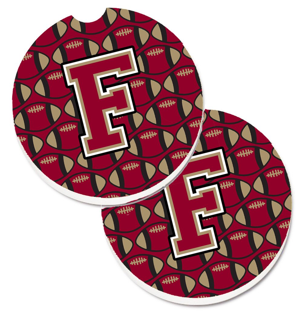 Letter F Football Garnet and Gold Set of 2 Cup Holder Car Coasters CJ1078-FCARC by Caroline&#39;s Treasures