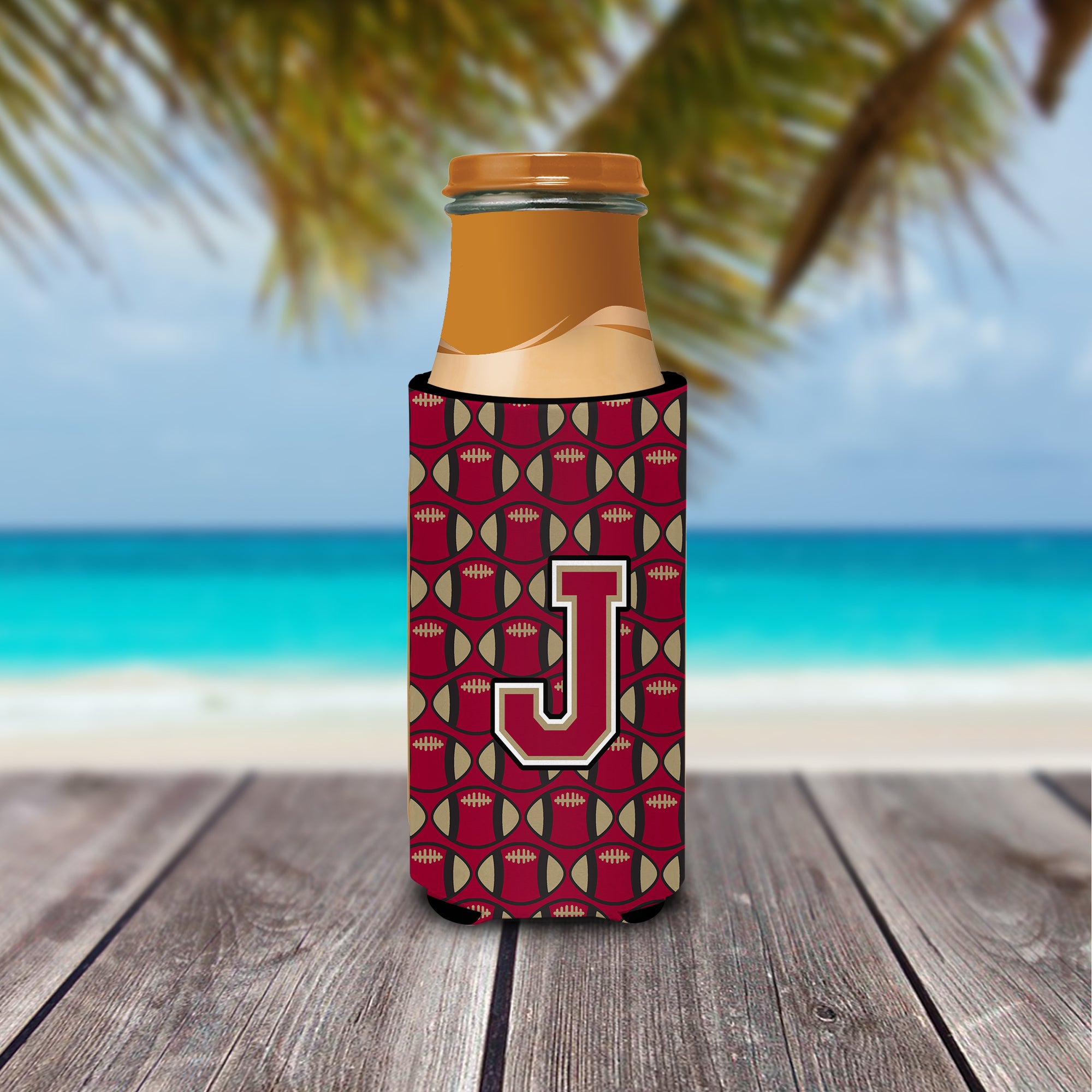 Letter J Football Garnet and Gold Ultra Beverage Insulators for slim cans CJ1078-JMUK