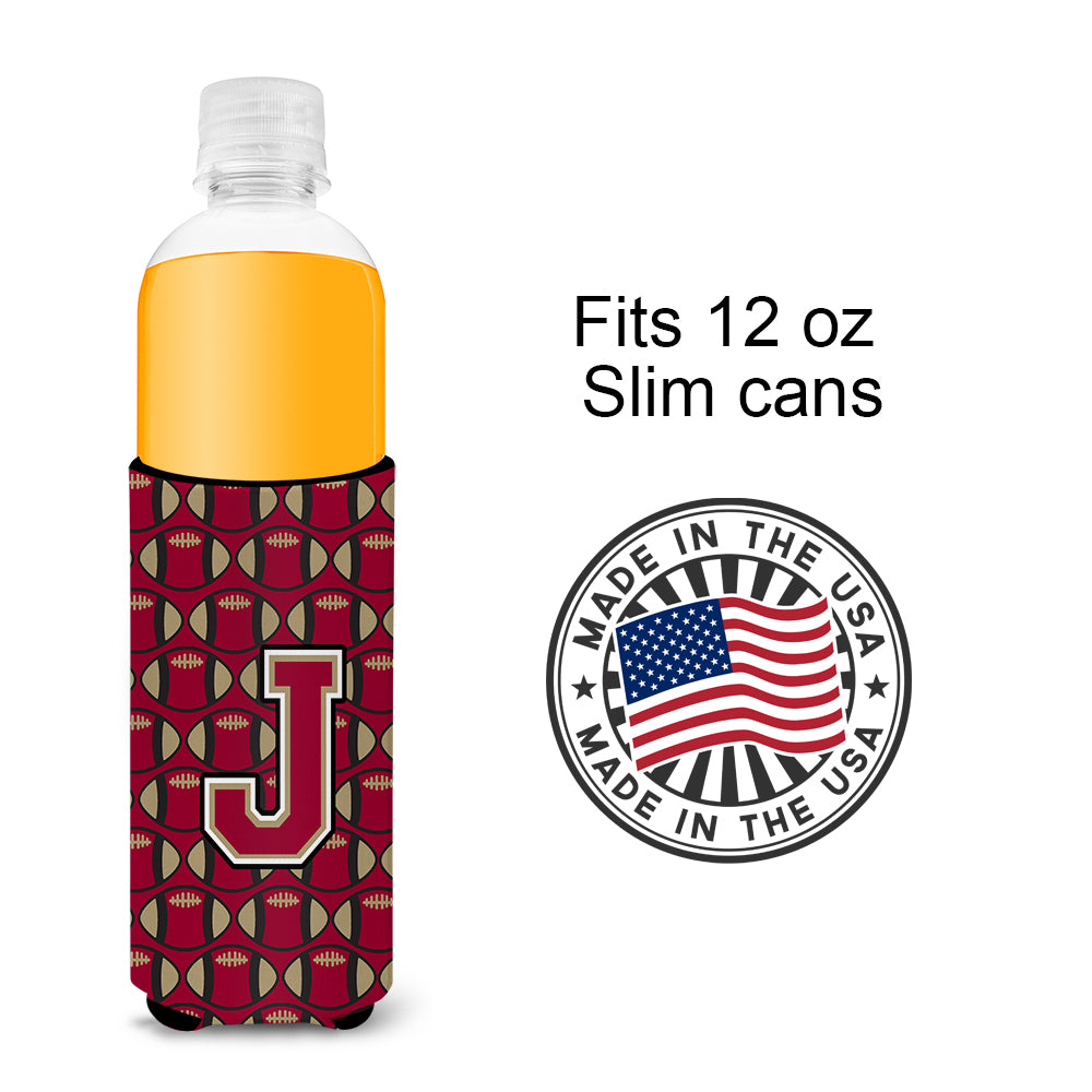 Letter J Football Garnet and Gold Ultra Beverage Insulators for slim cans CJ1078-JMUK.