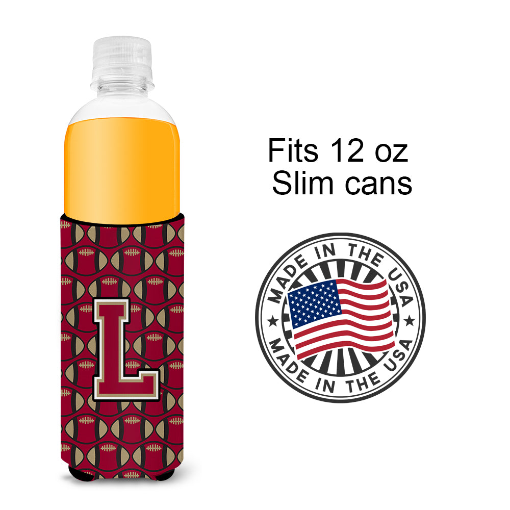 Letter L Football Garnet and Gold Ultra Beverage Insulators for slim cans CJ1078-LMUK.