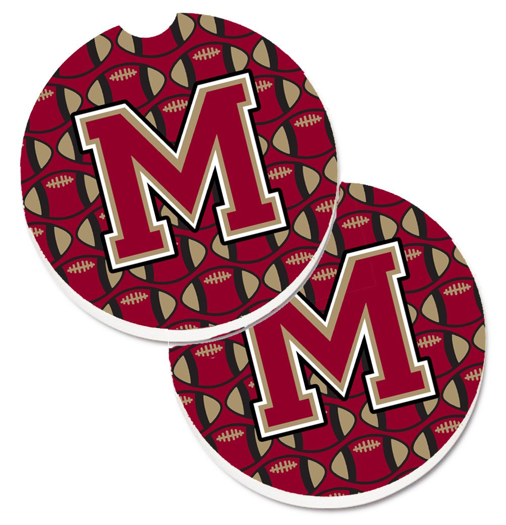 Letter M Football Garnet and Gold Set of 2 Cup Holder Car Coasters CJ1078-MCARC by Caroline&#39;s Treasures