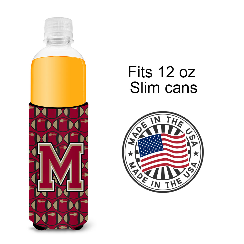 Letter M Football Garnet and Gold Ultra Beverage Insulators for slim cans CJ1078-MMUK.
