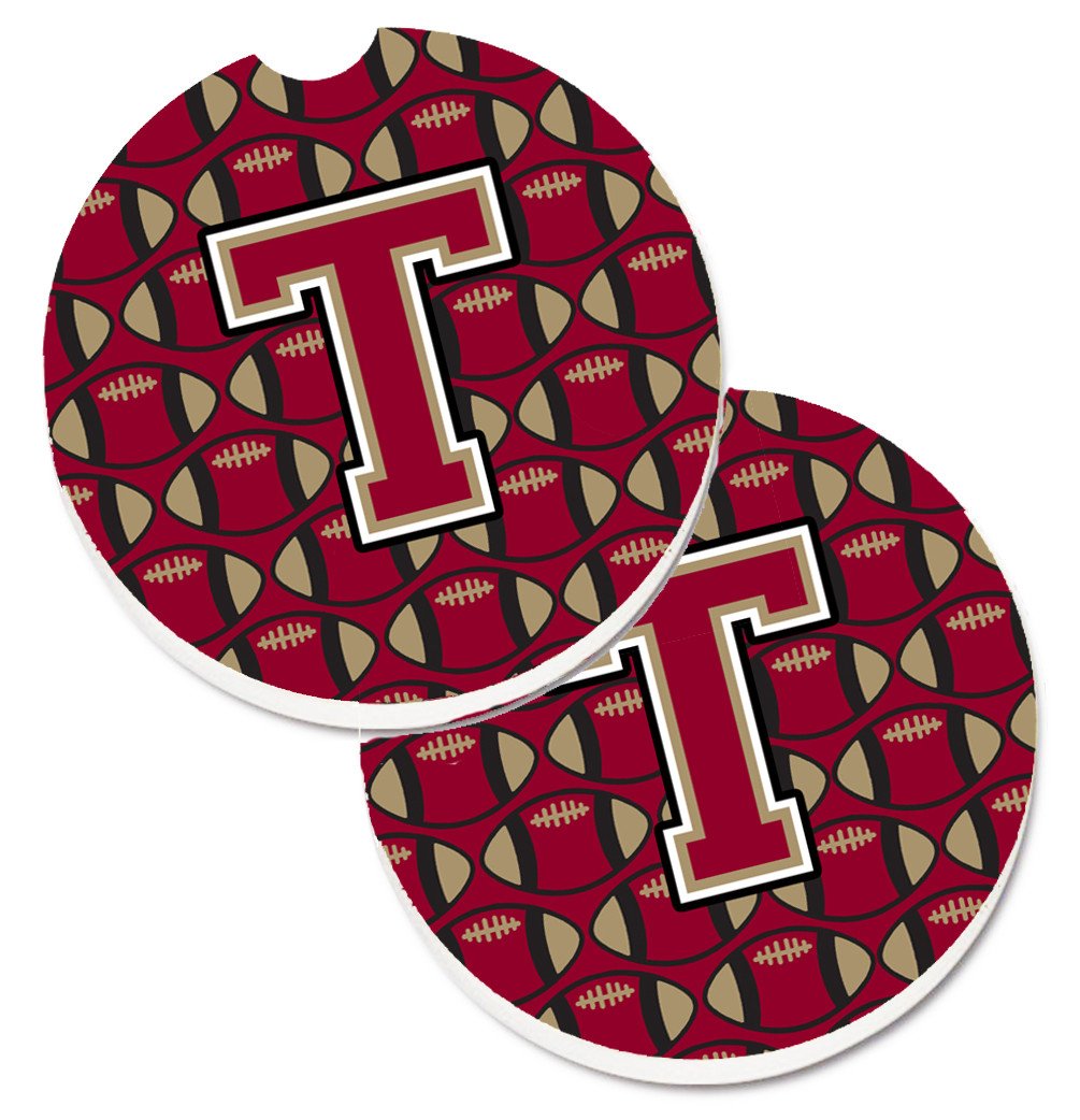 Letter T Football Garnet and Gold Set of 2 Cup Holder Car Coasters CJ1078-TCARC by Caroline&#39;s Treasures