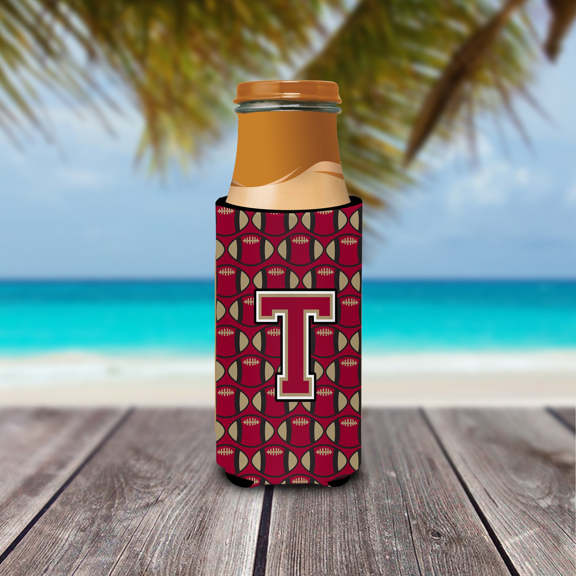 Letter T Football Garnet and Gold Ultra Beverage Insulators for slim cans CJ1078-TMUK
