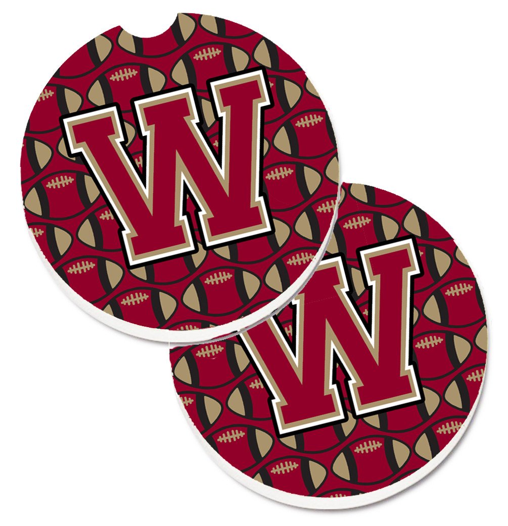 Letter W Football Garnet and Gold Set of 2 Cup Holder Car Coasters CJ1078-WCARC by Caroline&#39;s Treasures