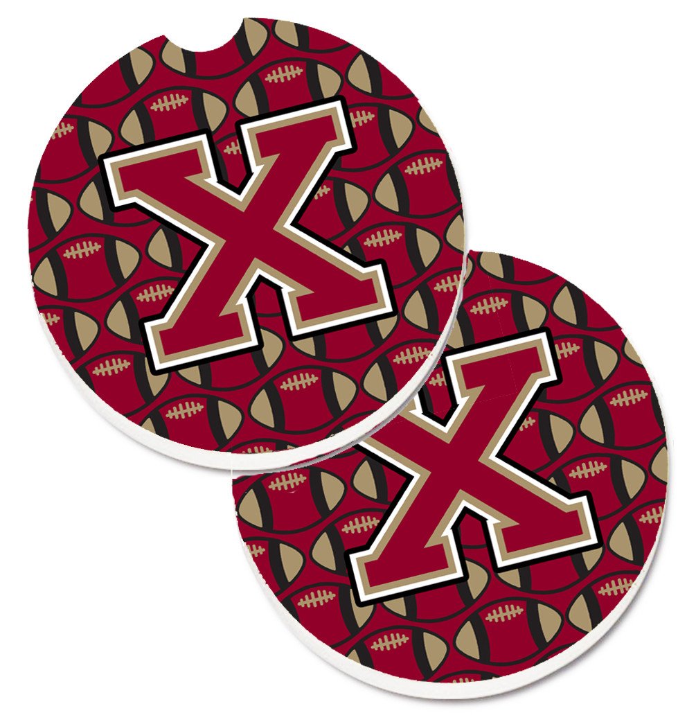 Letter X Football Garnet and Gold Set of 2 Cup Holder Car Coasters CJ1078-XCARC by Caroline&#39;s Treasures