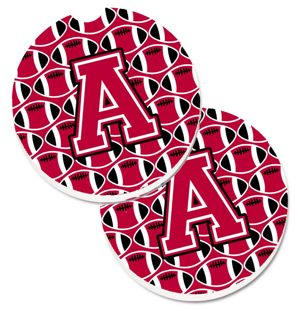 Letter A Football Crimson and White Set of 2 Cup Holder Car Coasters CJ1079-ACARC by Caroline&#39;s Treasures