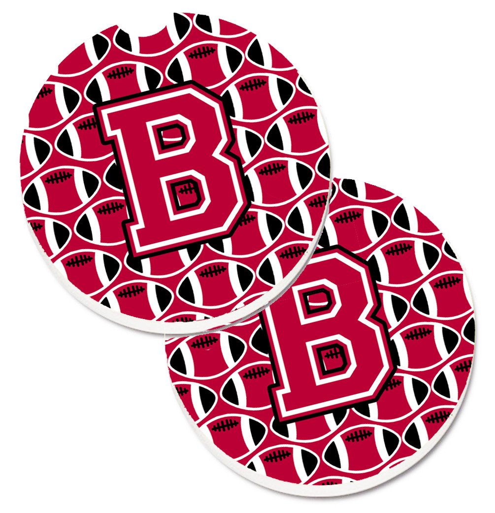 Letter B Football Crimson and White Set of 2 Cup Holder Car Coasters CJ1079-BCARC by Caroline&#39;s Treasures