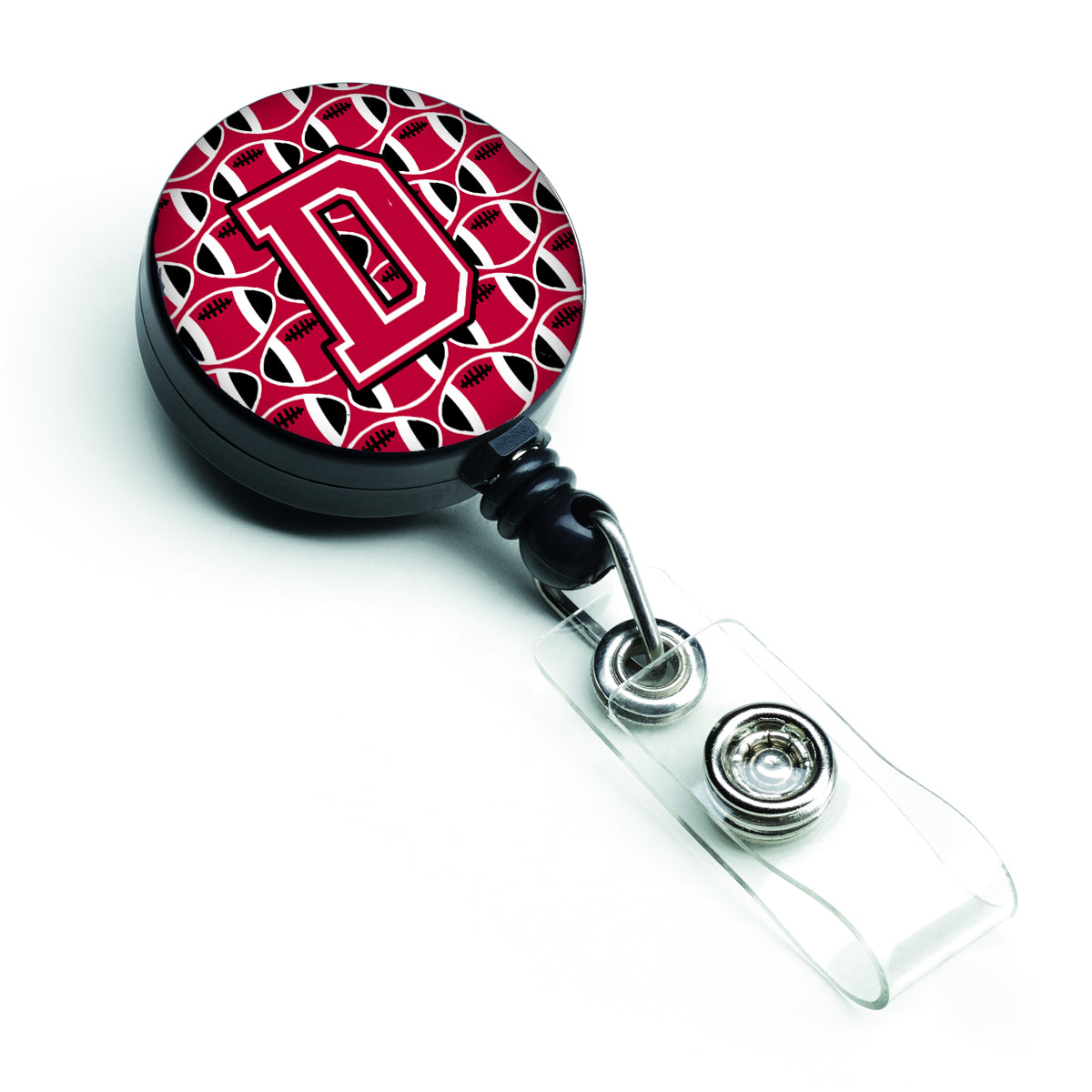 Letter D Football Crimson and White Retractable Badge Reel CJ1079-DBR.