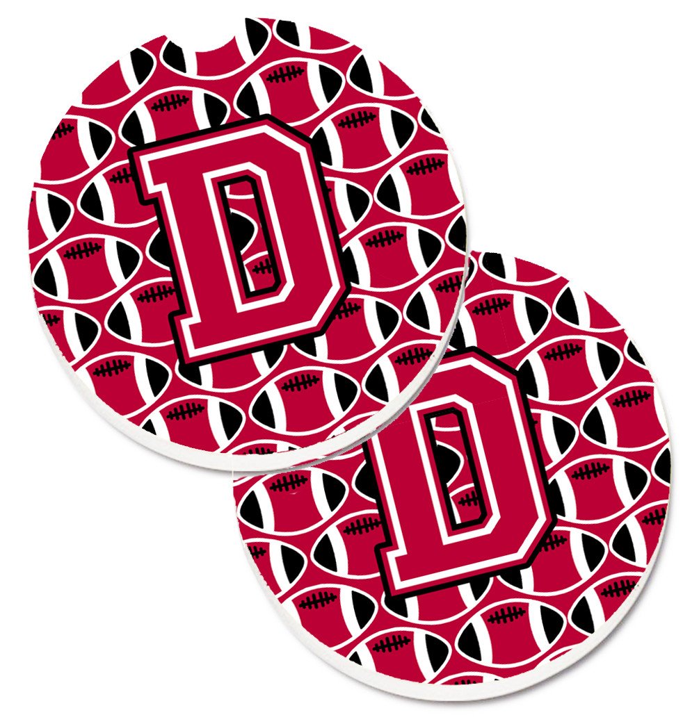 Letter D Football Crimson and White Set of 2 Cup Holder Car Coasters CJ1079-DCARC by Caroline&#39;s Treasures