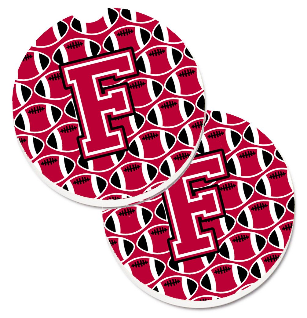 Letter F Football Crimson and White Set of 2 Cup Holder Car Coasters CJ1079-FCARC by Caroline&#39;s Treasures