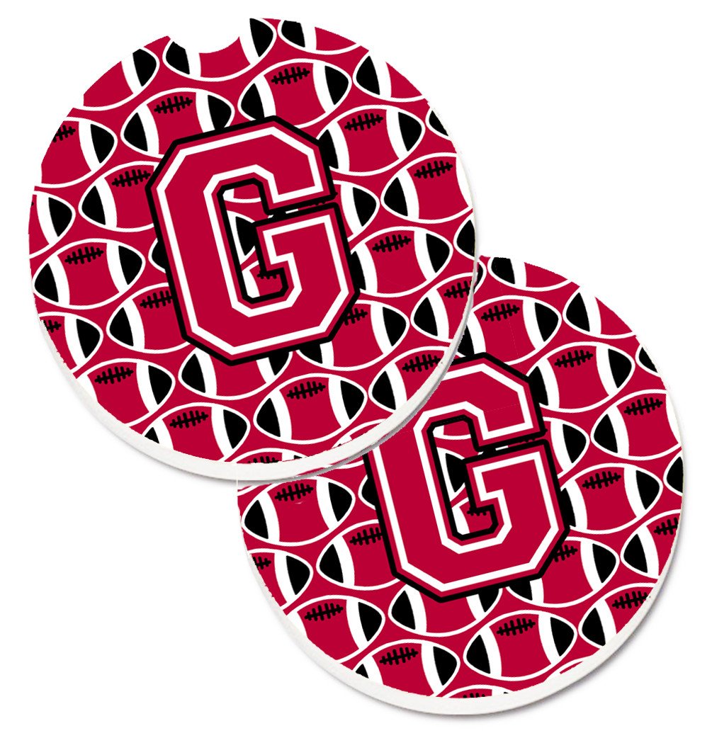 Letter G Football Crimson and White Set of 2 Cup Holder Car Coasters CJ1079-GCARC by Caroline&#39;s Treasures