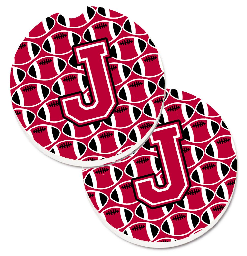 Letter J Football Crimson and White Set of 2 Cup Holder Car Coasters CJ1079-JCARC by Caroline&#39;s Treasures