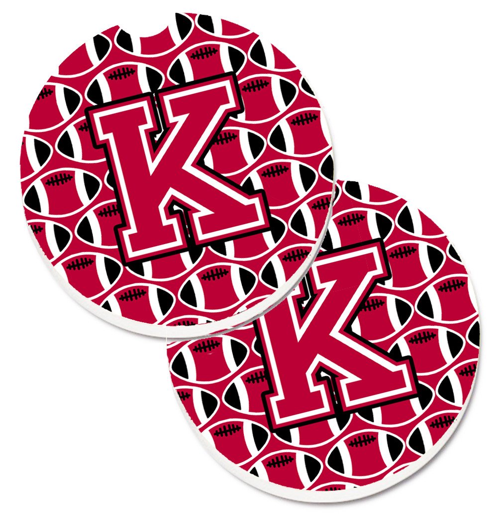 Letter K Football Crimson and White Set of 2 Cup Holder Car Coasters CJ1079-KCARC by Caroline&#39;s Treasures