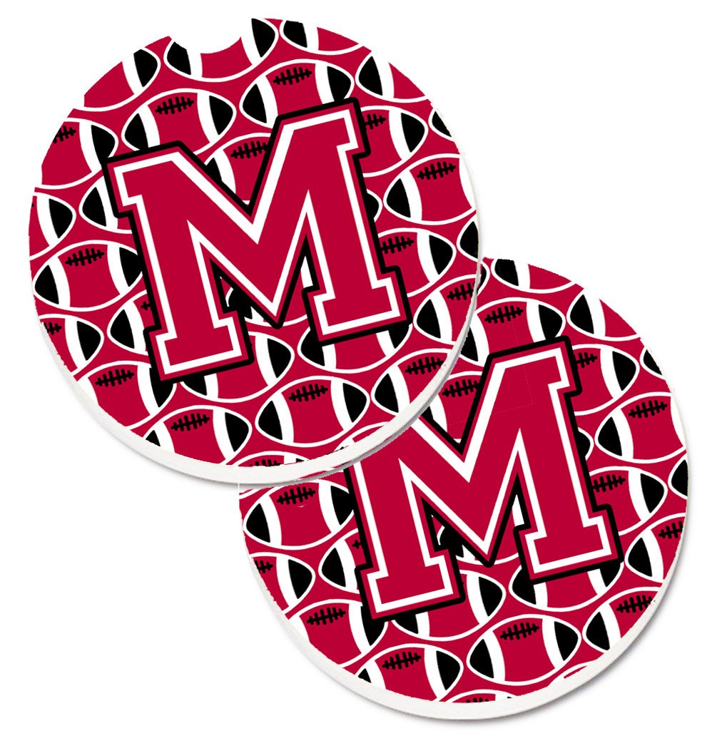 Letter M Football Crimson and White Set of 2 Cup Holder Car Coasters CJ1079-MCARC by Caroline&#39;s Treasures