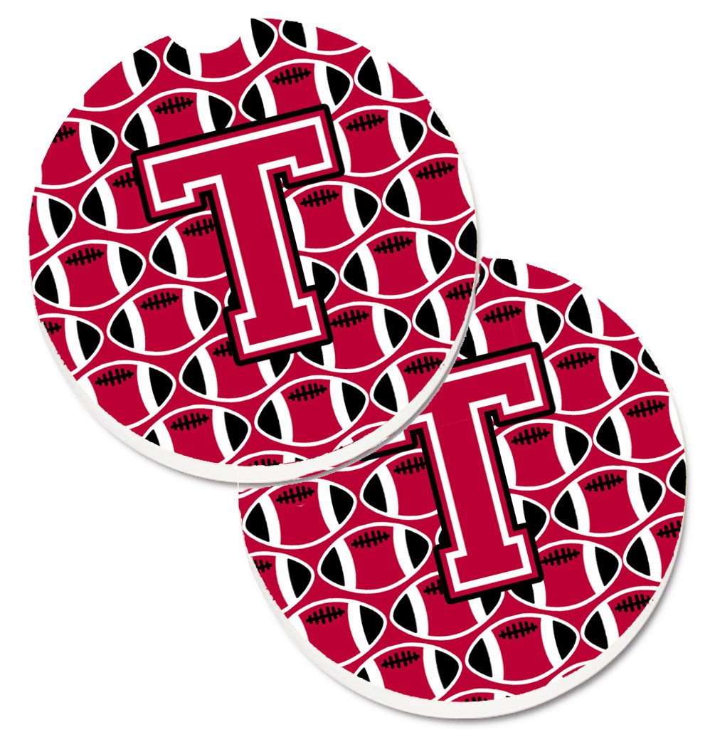 Letter T Football Crimson and White Set of 2 Cup Holder Car Coasters CJ1079-TCARC by Caroline&#39;s Treasures
