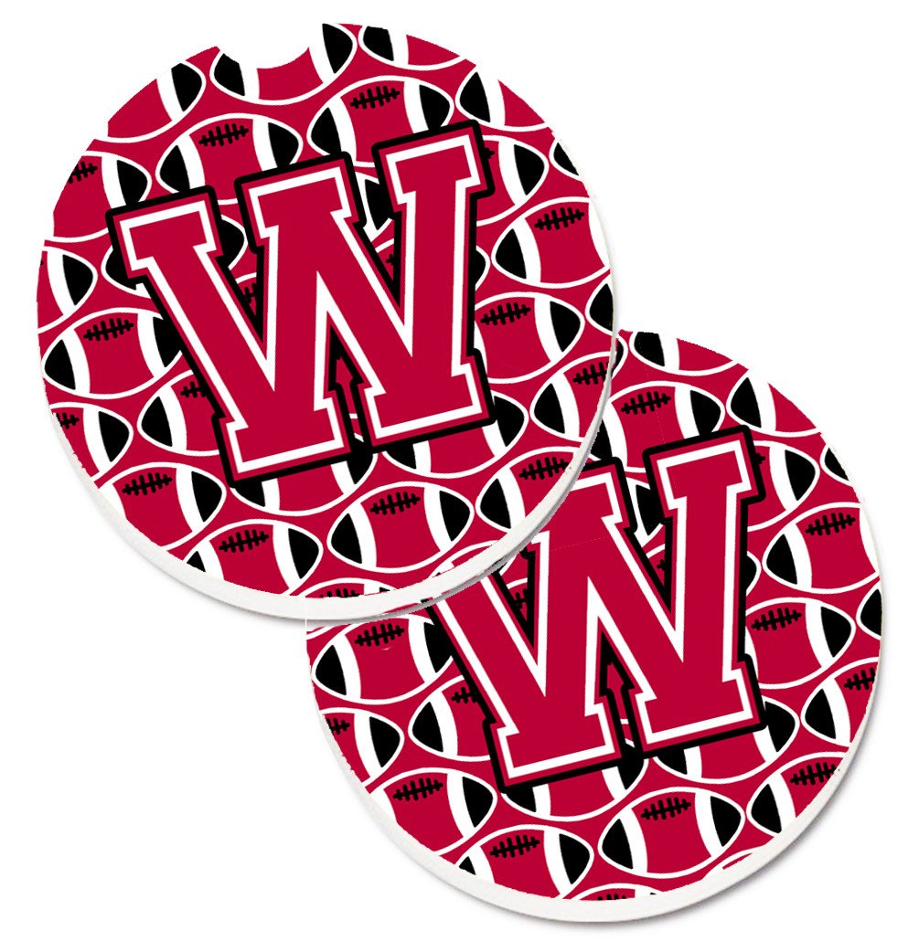 Letter W Football Crimson and White Set of 2 Cup Holder Car Coasters CJ1079-WCARC by Caroline&#39;s Treasures