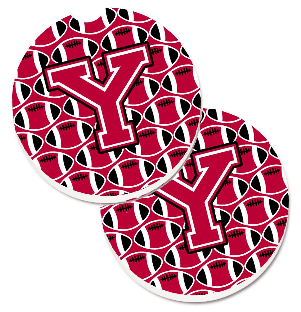 Letter Y Football Crimson and White Set of 2 Cup Holder Car Coasters CJ1079-YCARC by Caroline's Treasures