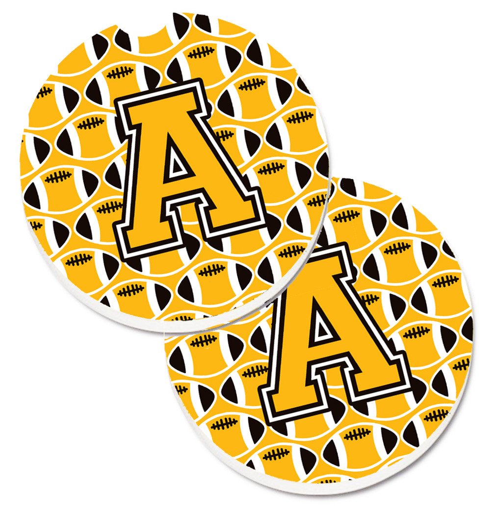 Letter A Football Black, Old Gold and White Set of 2 Cup Holder Car Coasters CJ1080-ACARC by Caroline&#39;s Treasures