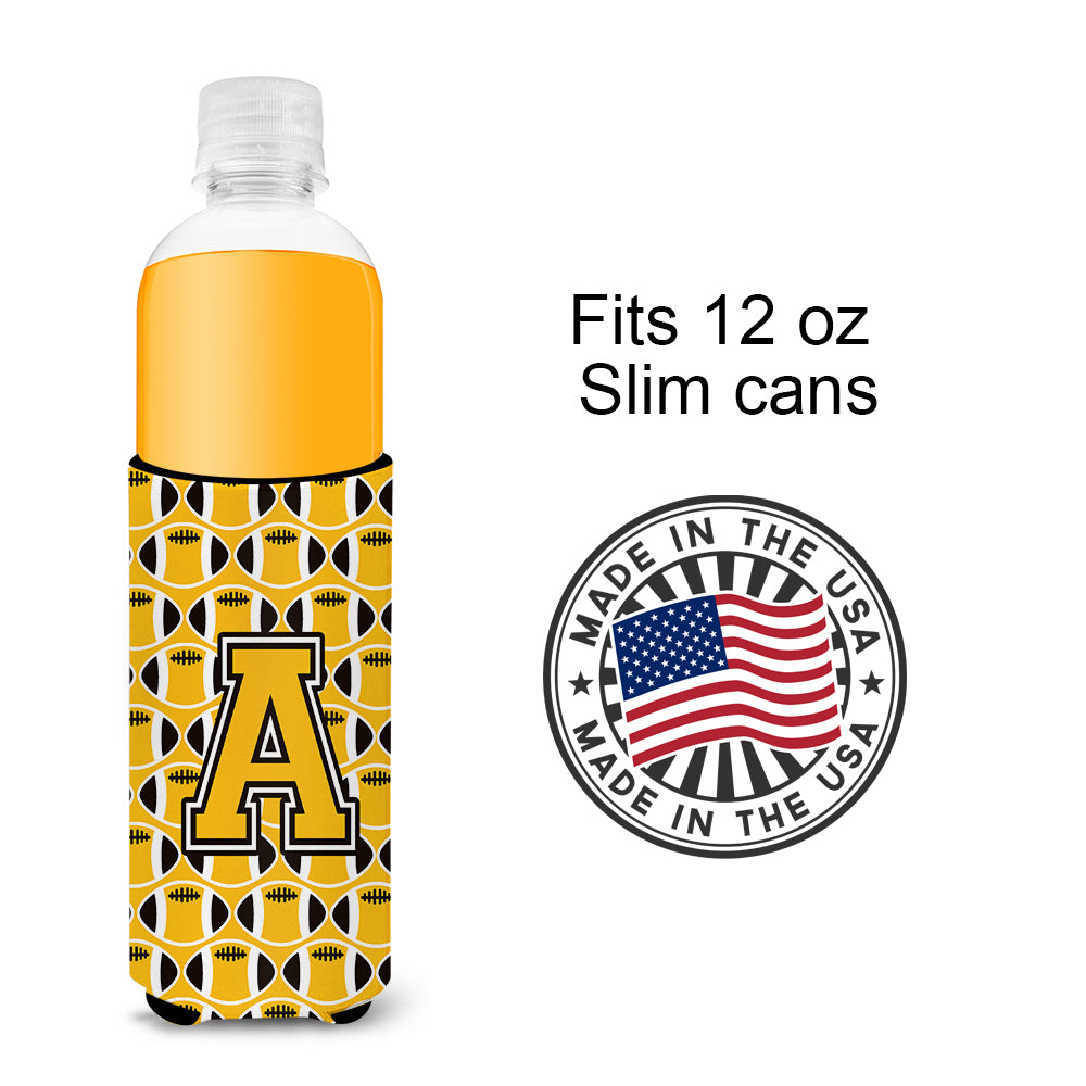 Letter A Football Black, Old Gold and White Ultra Beverage Insulators for slim cans CJ1080-AMUK.