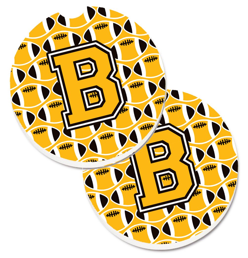 Letter B Football Black, Old Gold and White Set of 2 Cup Holder Car Coasters CJ1080-BCARC by Caroline&#39;s Treasures