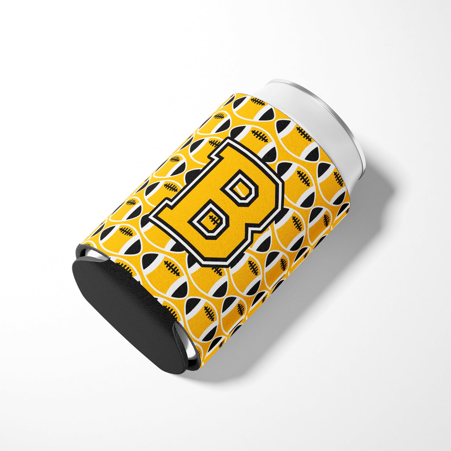 Letter B Football Black, Old Gold and White Can or Bottle Hugger CJ1080-BCC.