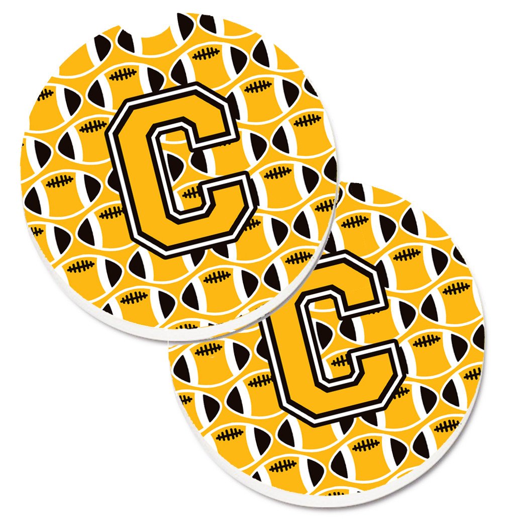 Letter C Football Black, Old Gold and White Set of 2 Cup Holder Car Coasters CJ1080-CCARC by Caroline's Treasures