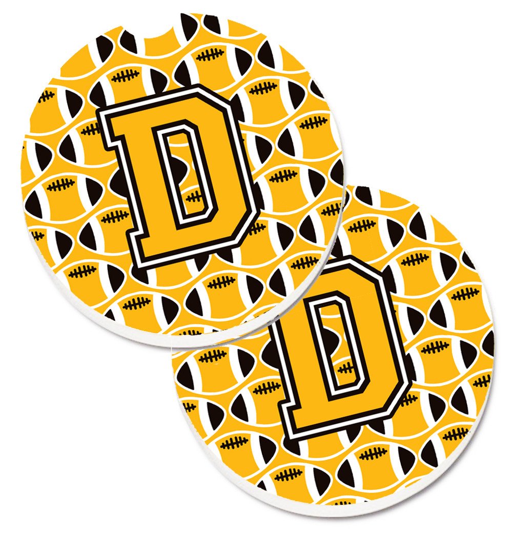 Letter D Football Black, Old Gold and White Set of 2 Cup Holder Car Coasters CJ1080-DCARC by Caroline&#39;s Treasures