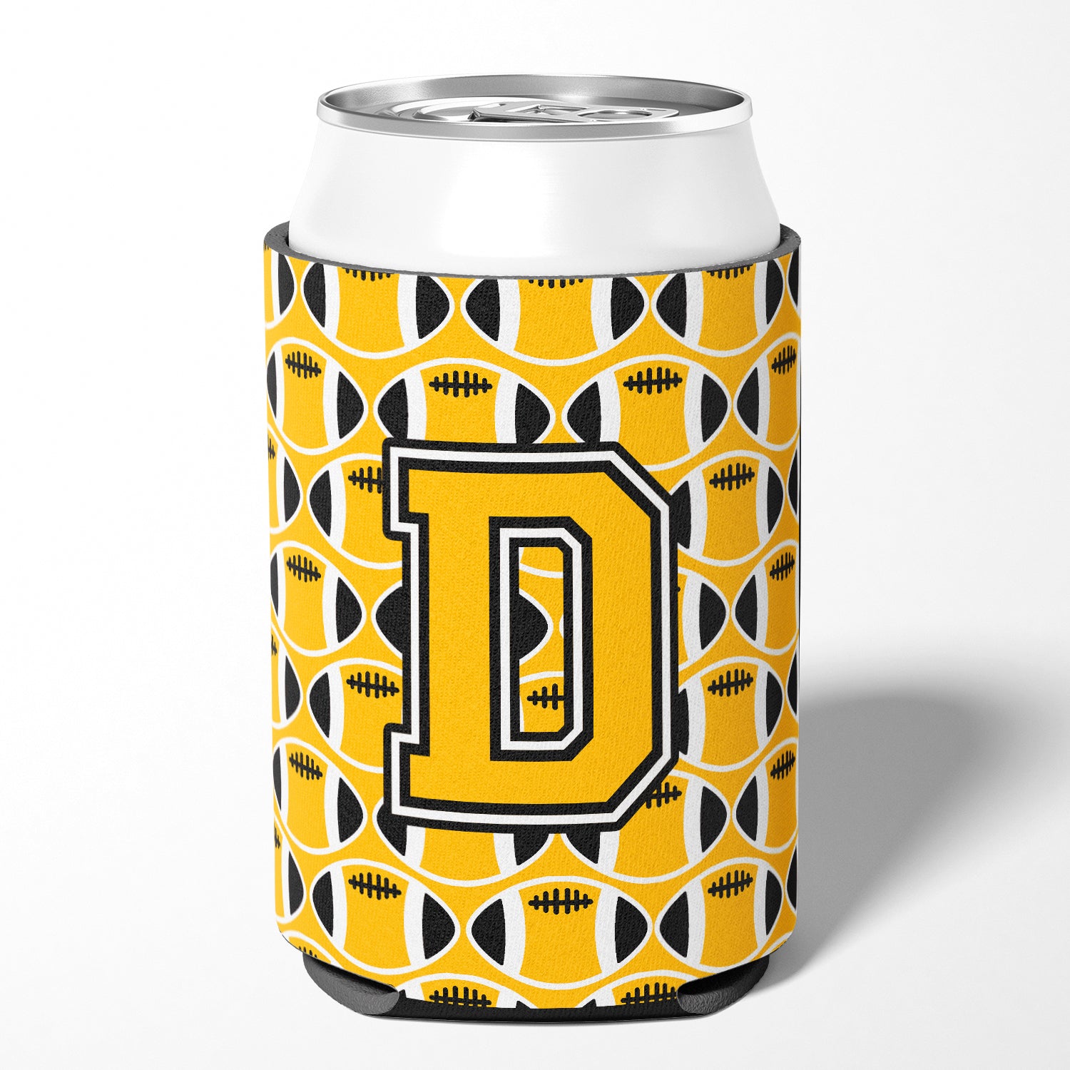 Letter D Football Black, Old Gold and White Can or Bottle Hugger CJ1080-DCC.