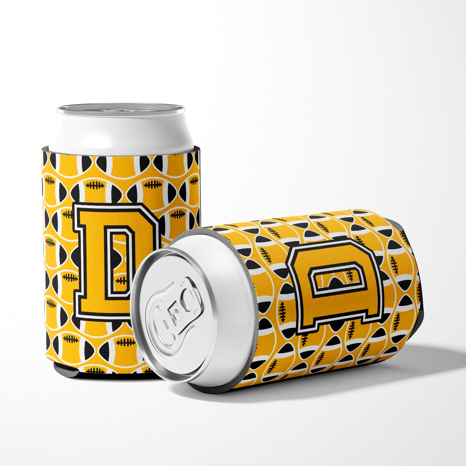 Letter D Football Black, Old Gold and White Can or Bottle Hugger CJ1080-DCC.