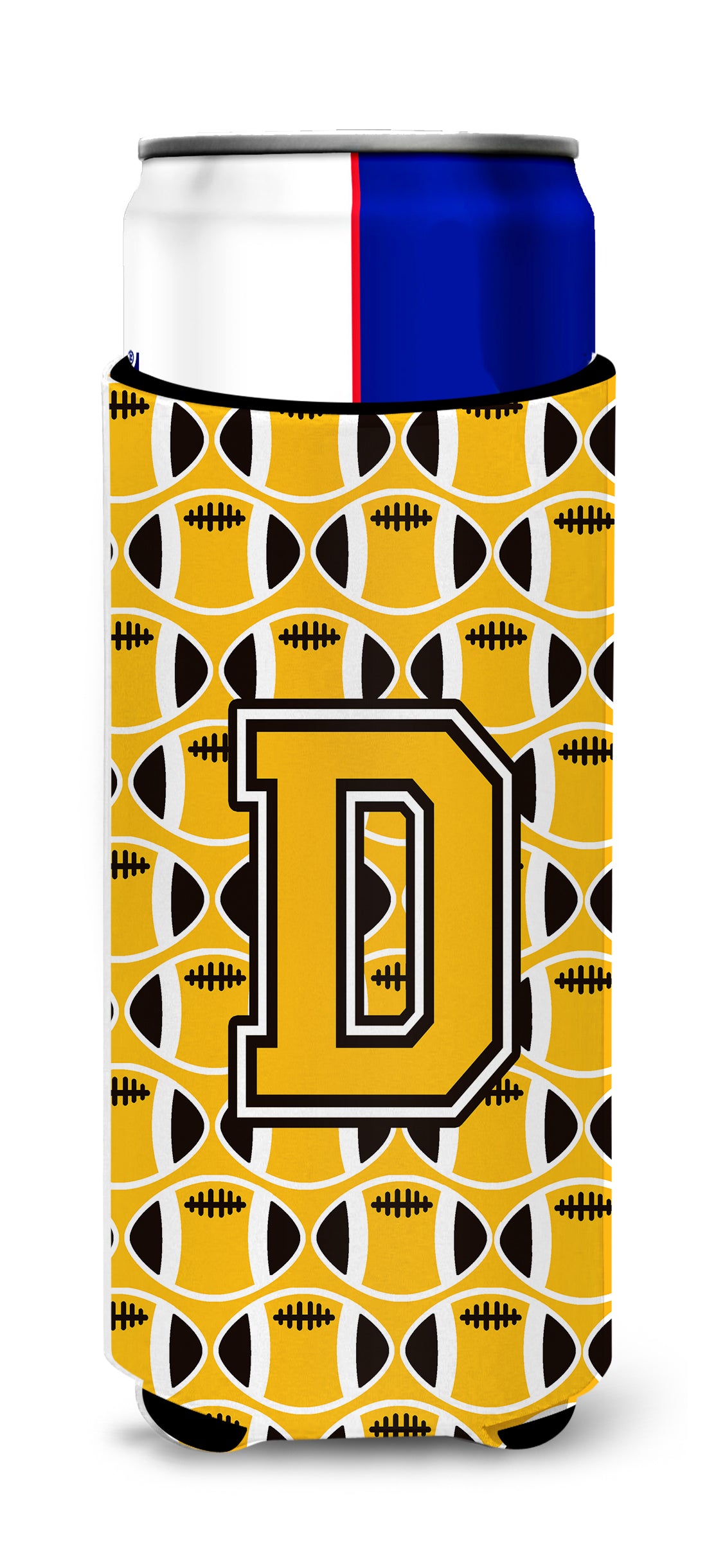 Letter D Football Black, Old Gold and White Ultra Beverage Insulators for slim cans CJ1080-DMUK.
