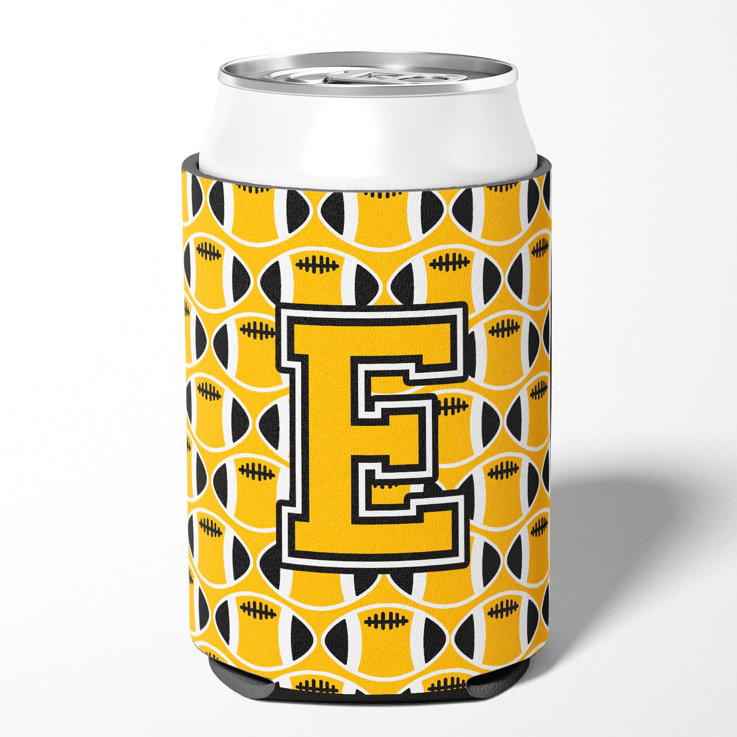 Letter E Football Black, Old Gold and White Can or Bottle Hugger CJ1080-ECC.