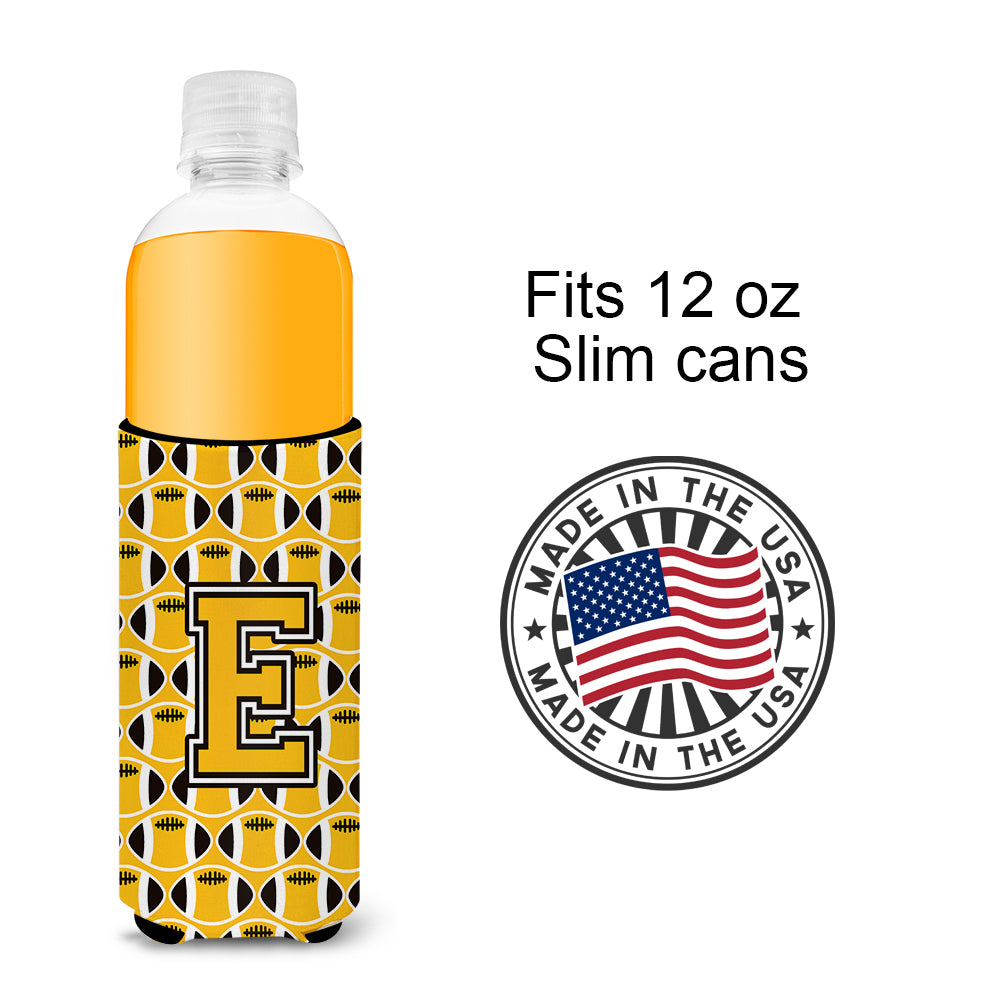 Letter E Football Black, Old Gold and White Ultra Beverage Insulators for slim cans CJ1080-EMUK.