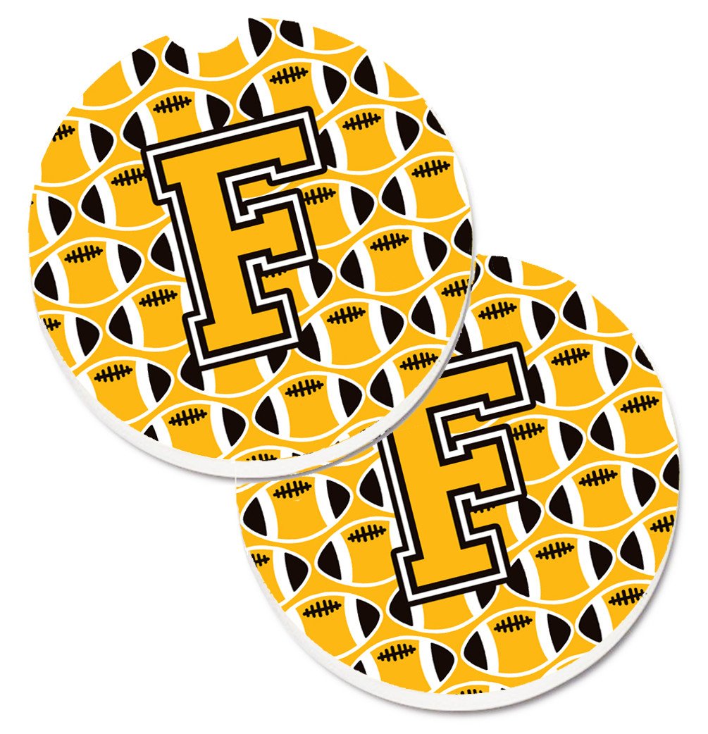 Letter F Football Black, Old Gold and White Set of 2 Cup Holder Car Coasters CJ1080-FCARC by Caroline&#39;s Treasures