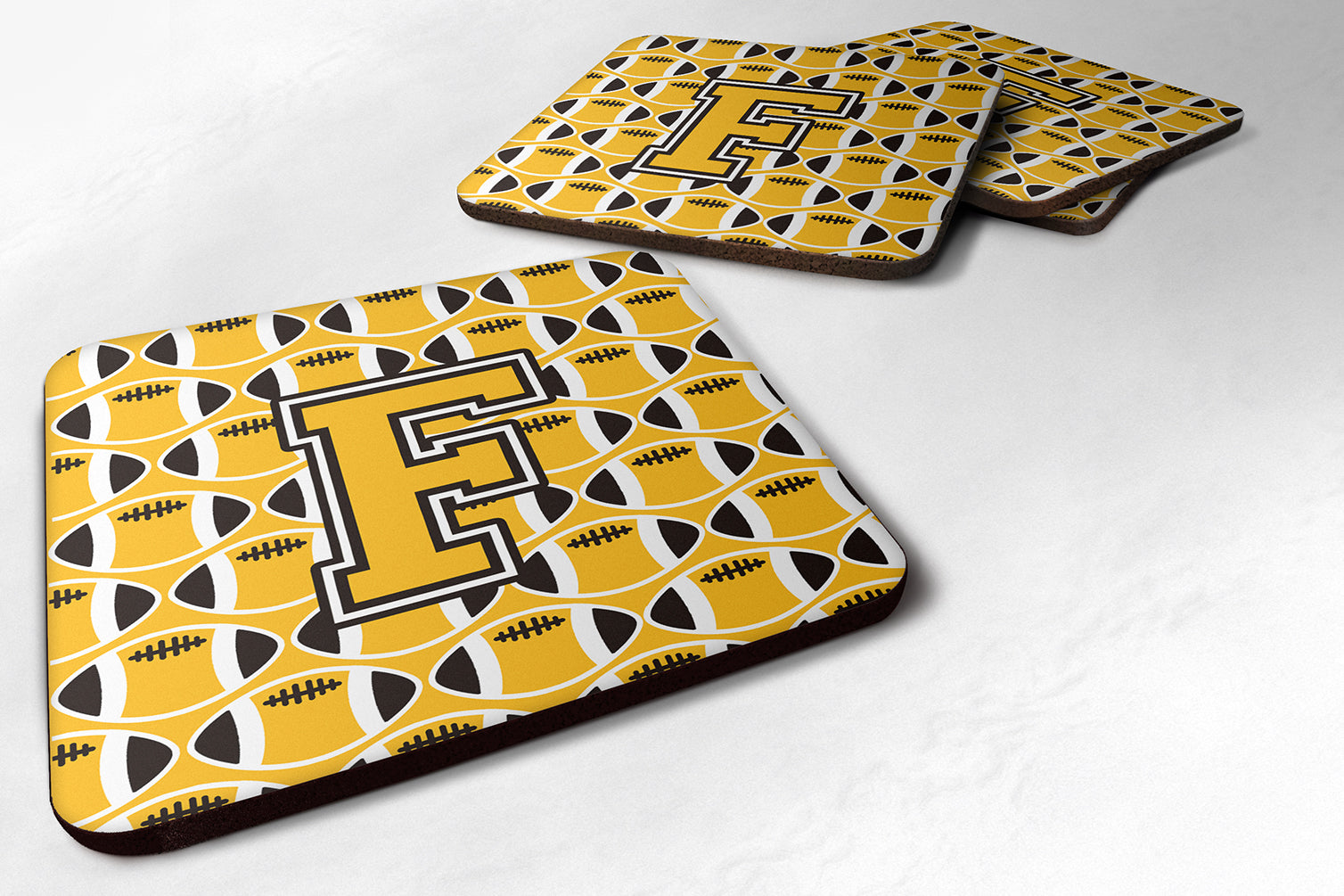Letter F Football Black, Old Gold and White Foam Coaster Set of 4 CJ1080-FFC - the-store.com
