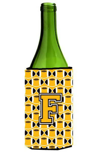 Letter F Football Black, Old Gold and White Wine Bottle Beverage Insulator Hugger CJ1080-FLITERK by Caroline&#39;s Treasures