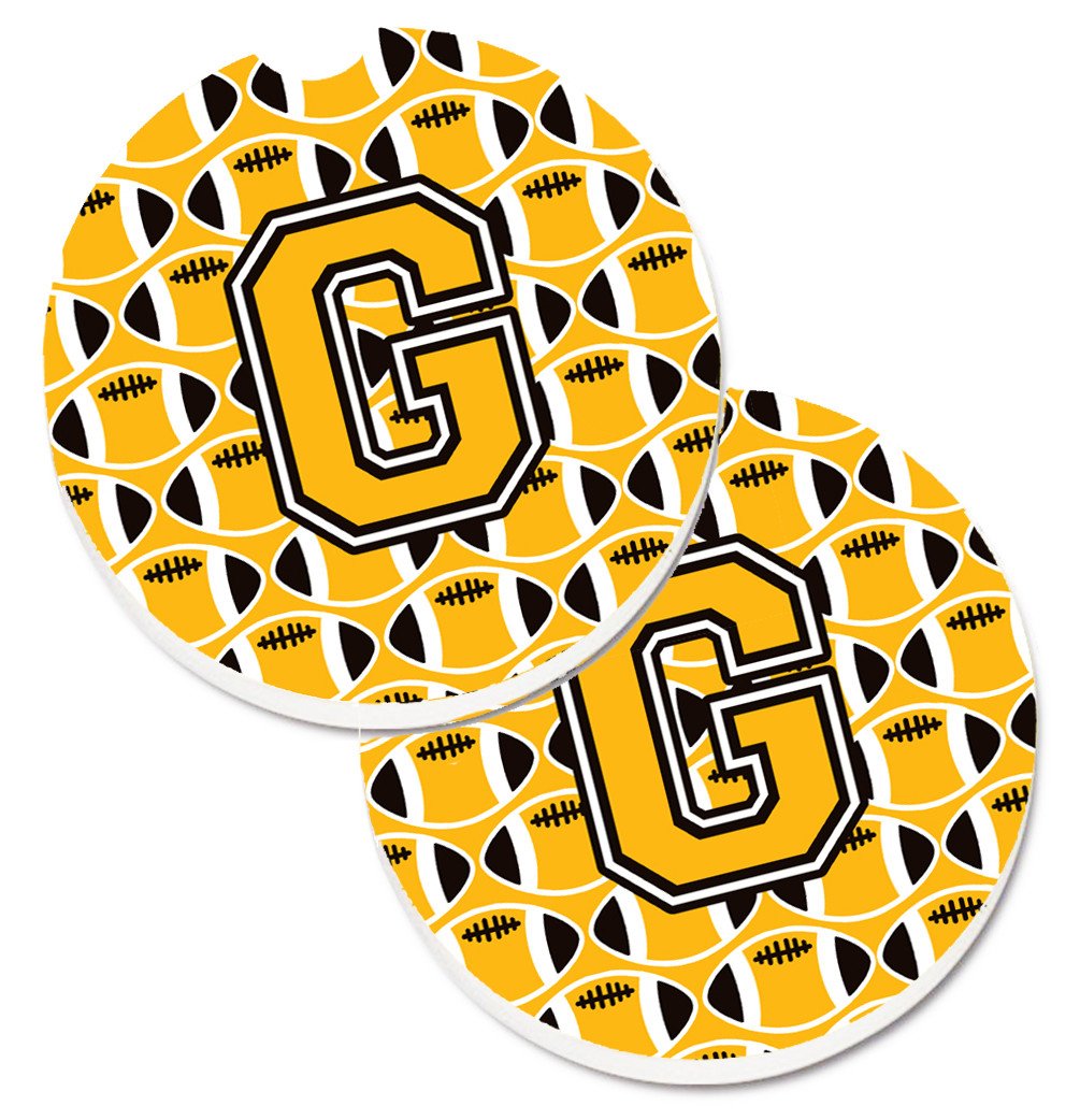 Letter G Football Black, Old Gold and White Set of 2 Cup Holder Car Coasters CJ1080-GCARC by Caroline&#39;s Treasures