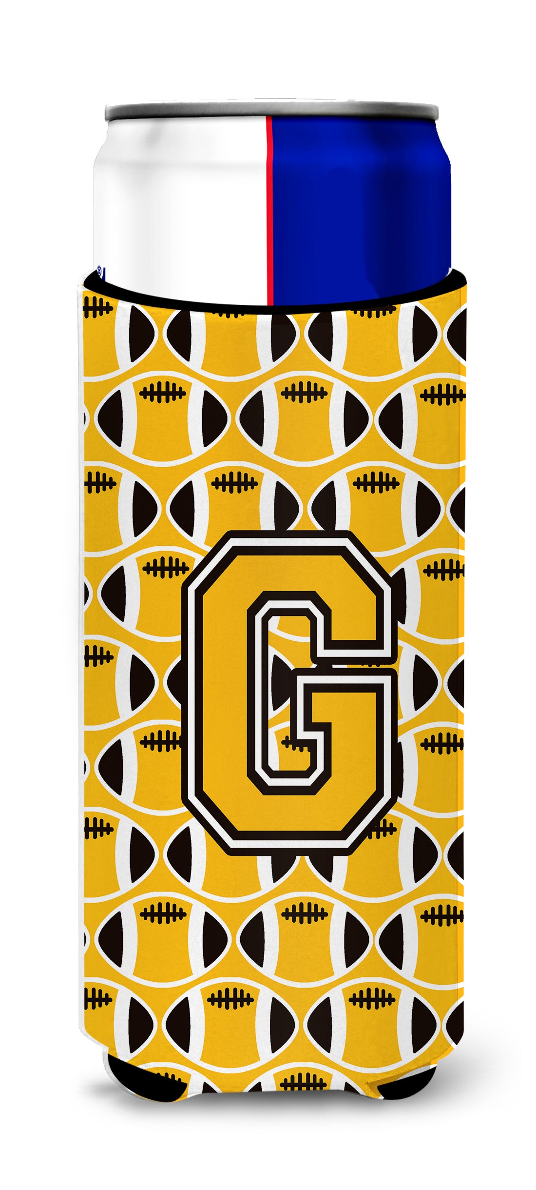 Letter G Football Black, Old Gold and White Ultra Beverage Insulators for slim cans CJ1080-GMUK.