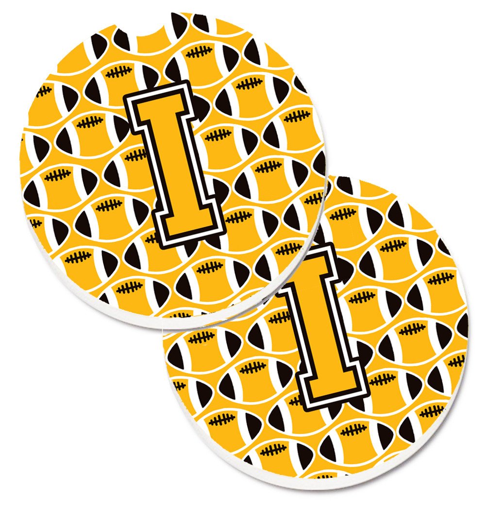 Letter I Football Black, Old Gold and White Set of 2 Cup Holder Car Coasters CJ1080-ICARC by Caroline&#39;s Treasures