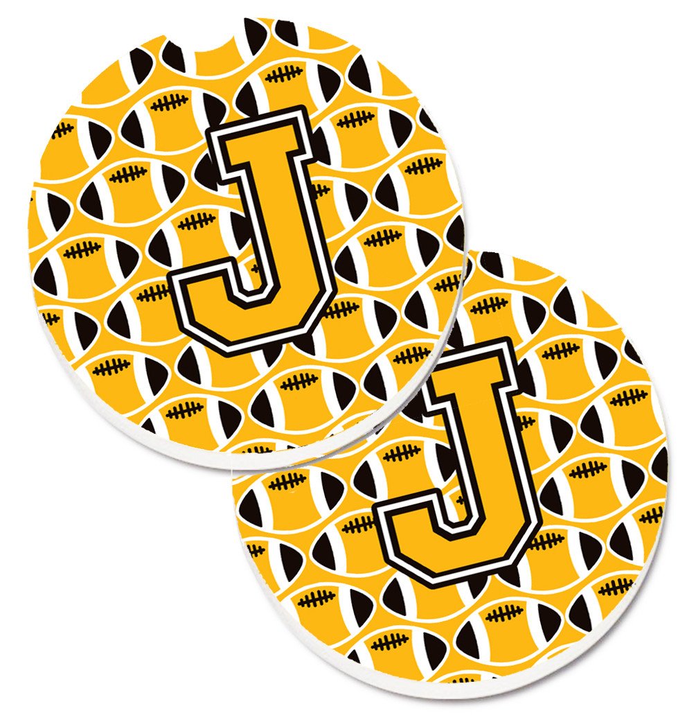 Letter J Football Black, Old Gold and White Set of 2 Cup Holder Car Coasters CJ1080-JCARC by Caroline&#39;s Treasures