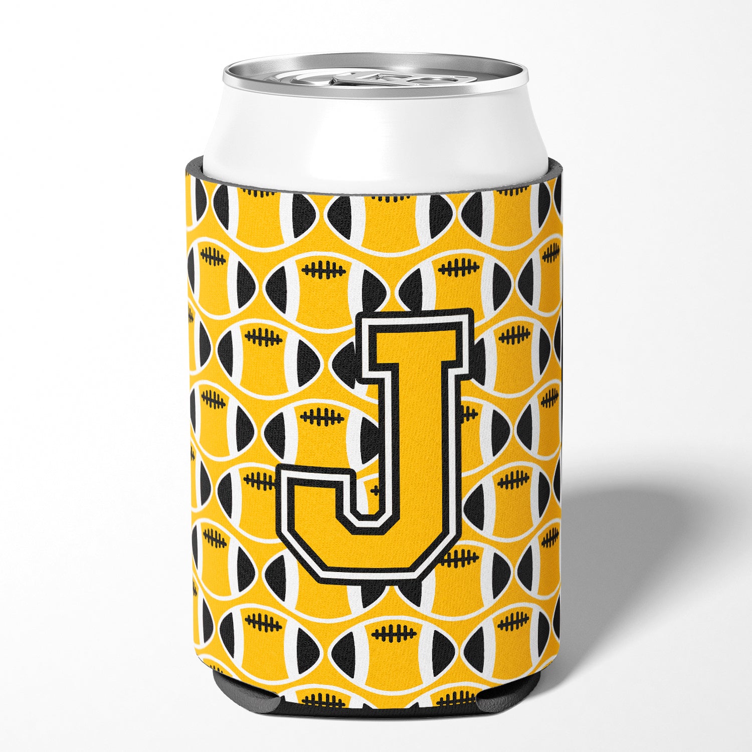 Letter J Football Black, Old Gold and White Can or Bottle Hugger CJ1080-JCC