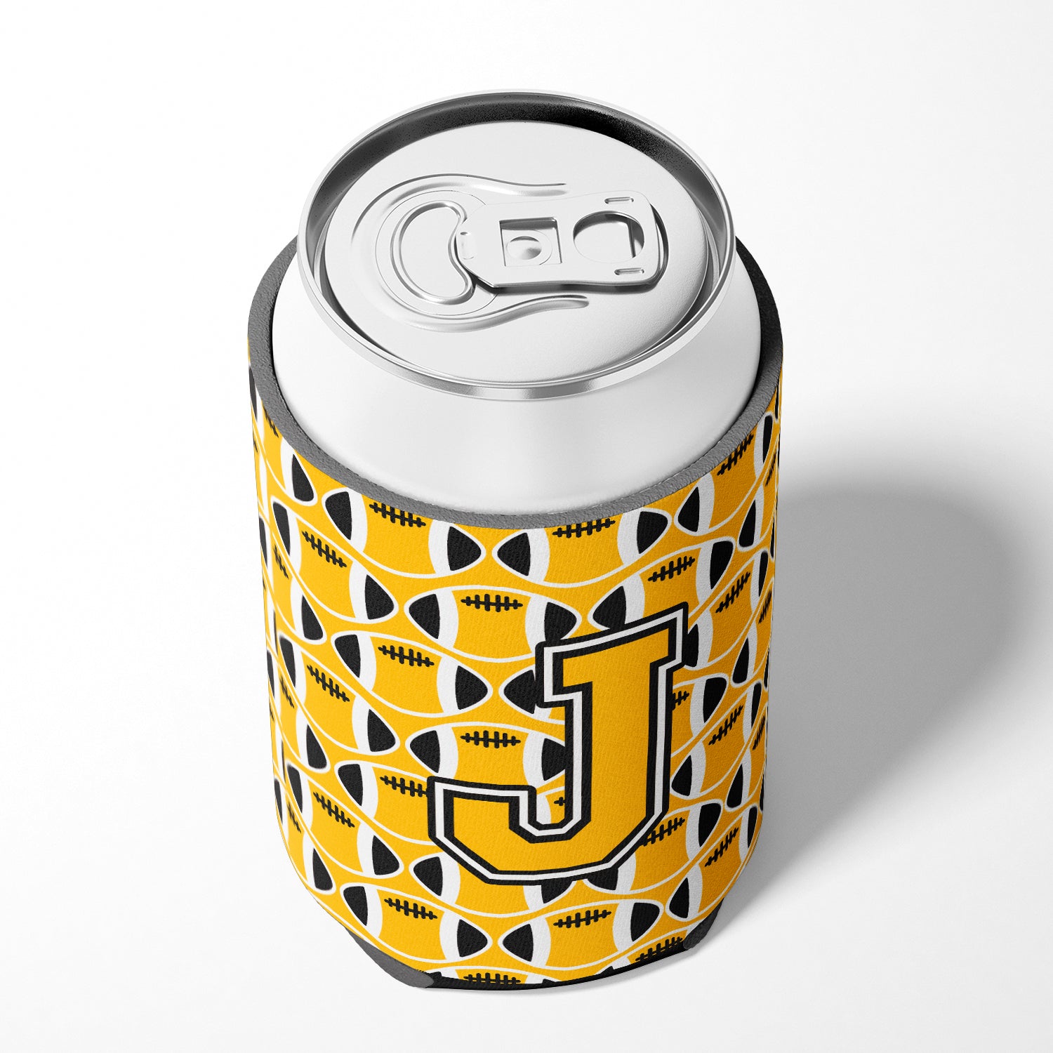 Letter J Football Black, Old Gold and White Can or Bottle Hugger CJ1080-JCC