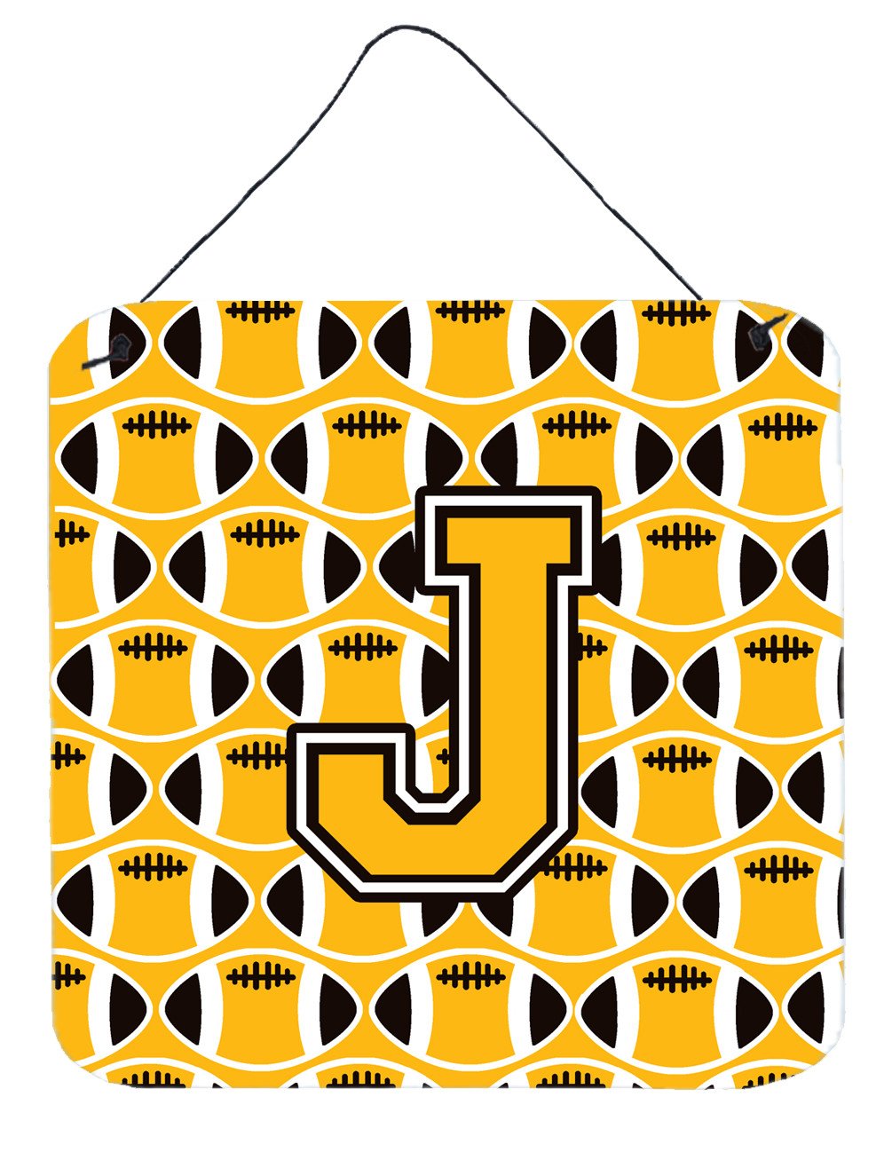 Letter J Football Black, Old Gold and White Wall or Door Hanging Prints CJ1080-JDS66 by Caroline&#39;s Treasures